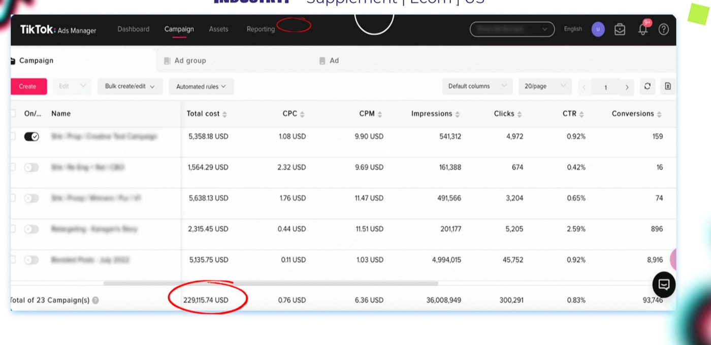 TikTok Ads Manager showing 93,746 conversions